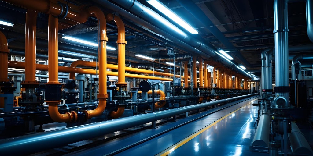 Pipeline Systems — interior industrial pipeline facility with orange and steel pipes