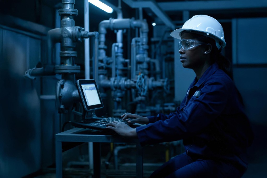 Process Engineering — engineer at control terminal in industrial plant